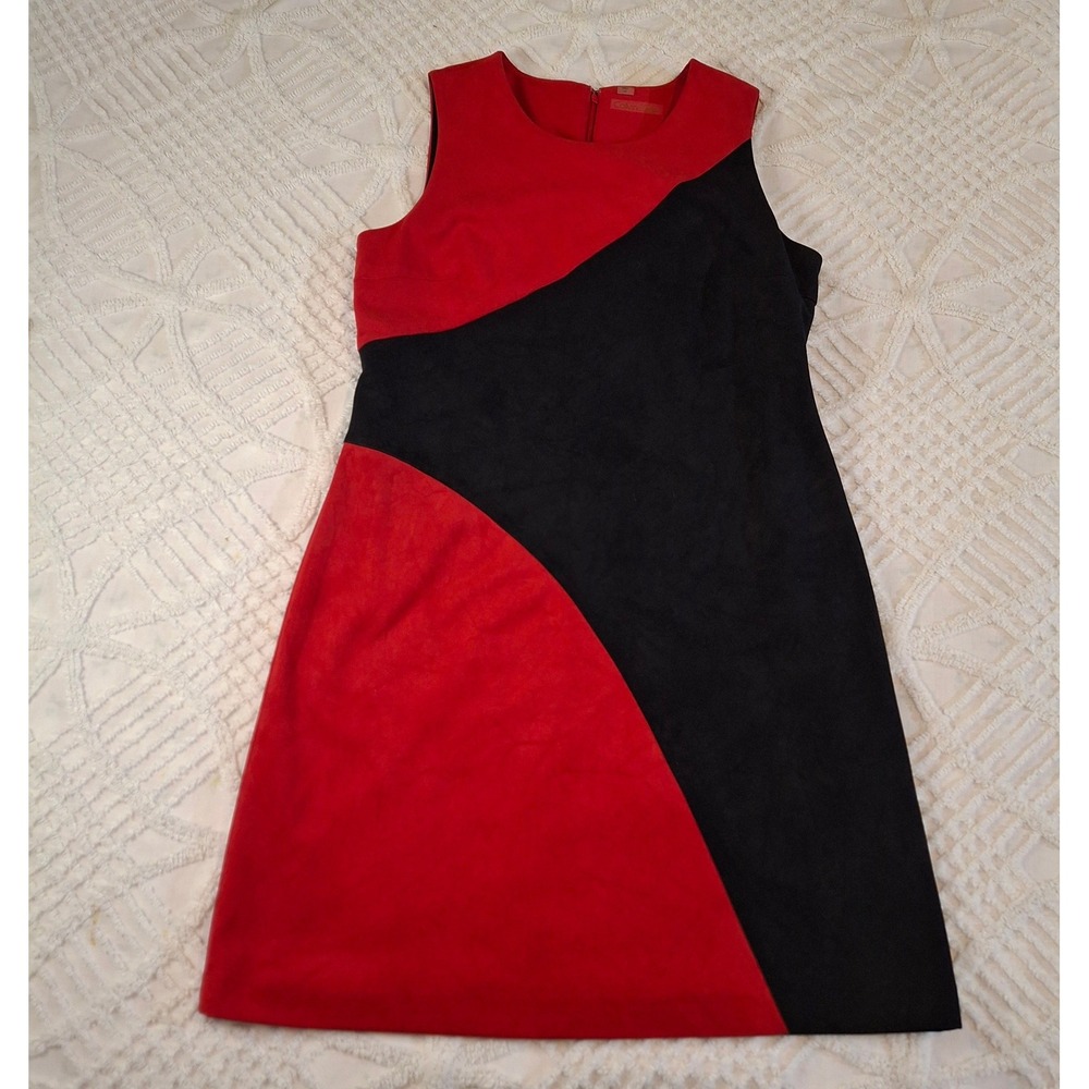 Calvin Klein Womens 12 Shift Dress Red Black Colorblock Faux Suede Sleeveless